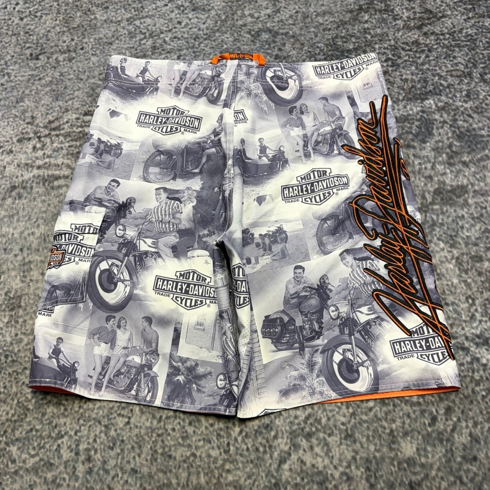 Harley Davidson Board Shorts Mens 34 Gray Biker Motorcycle Collage Swim Trunks